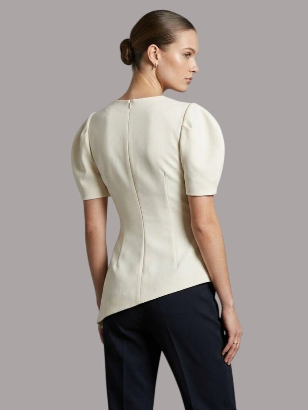 Tailored Cream Puff Sleeve Blouse With Asymmetric Hem M